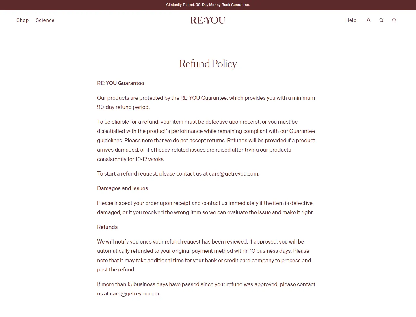 Refund Policy | RE:YOU page captured during the ZeroThought investigation