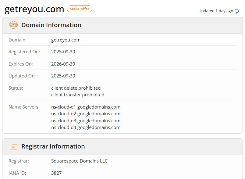 WHOIS.com record showing the registration details for getreyou com.