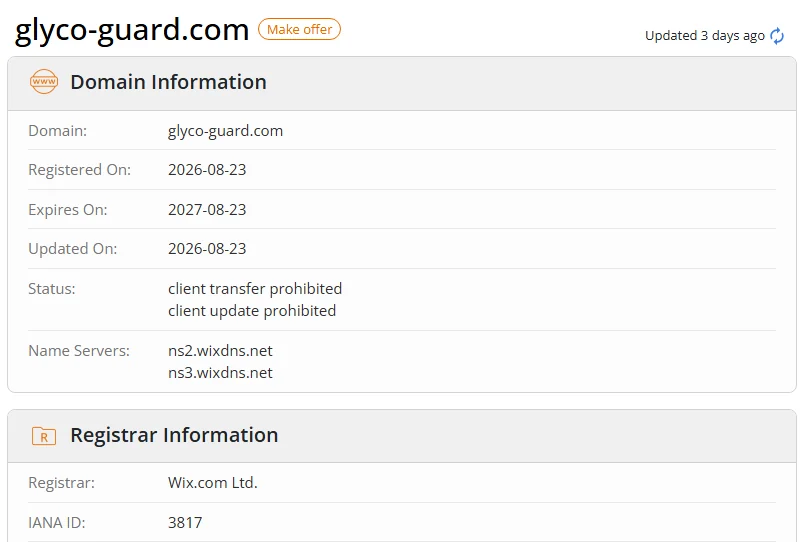 WHOIS.com record showing the registration details for glyco-guard com.