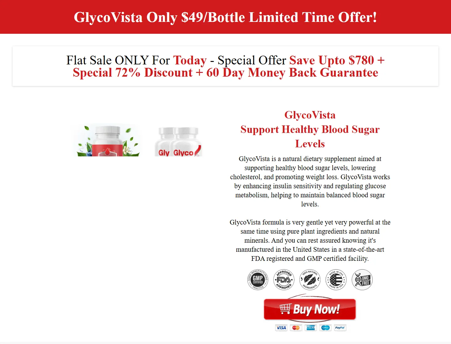 GlycoVista™ | OFFICIAL SITE | Advanced Blood Sugar Support page captured during the ZeroThought investigation