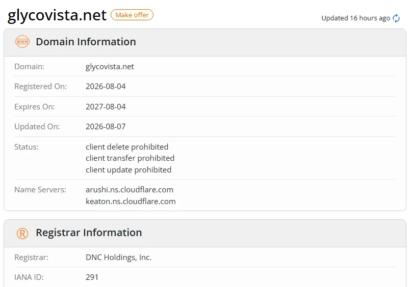 WHOIS.com record showing the registration details for glycovista net.
