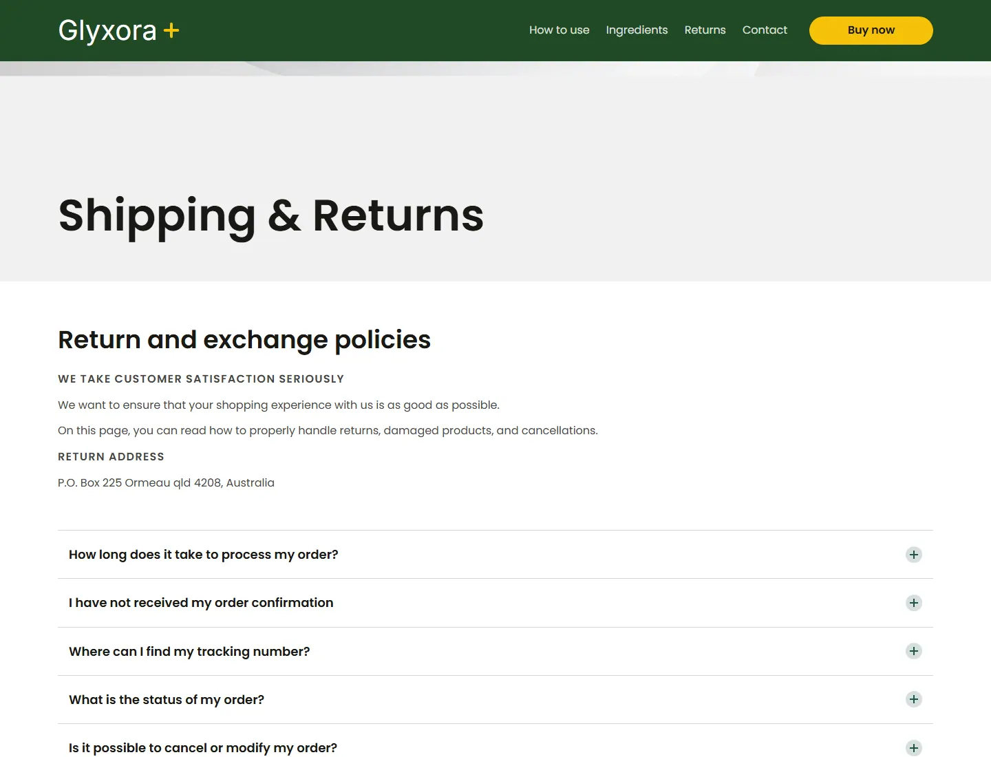 Glyxora — Shipping & Returns page captured during the ZeroThought investigation