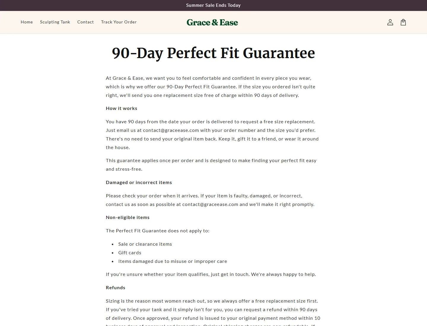 90-Day Perfect Fit Guarantee – Grace & Ease page captured during the ZeroThought investigation