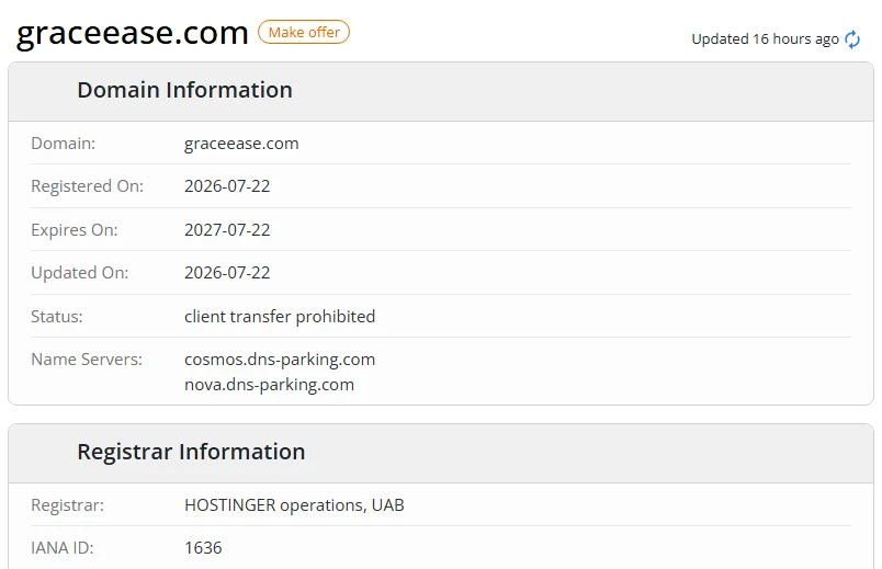 WHOIS.com record showing the registration details for graceease com.