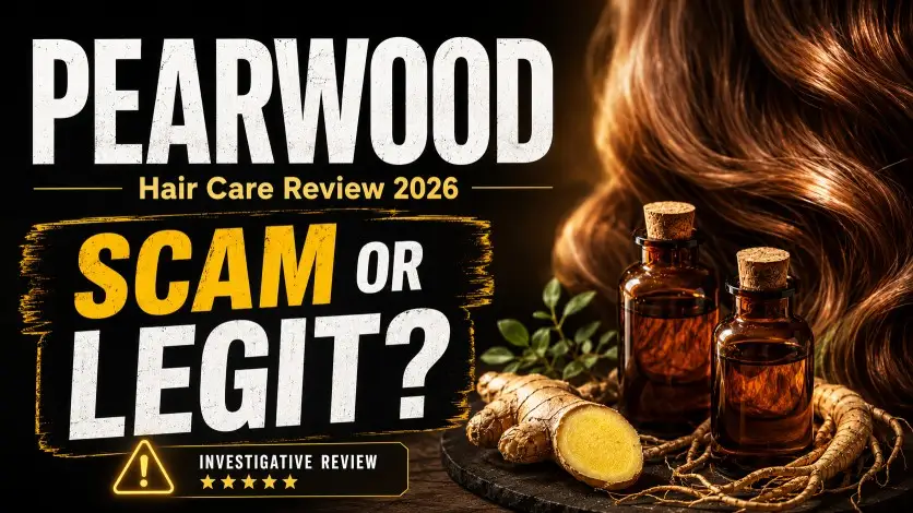 Pearwood Reviews 2026 feature image showing hair care ingredients, brown hair, and a Scam or Legit investigation theme