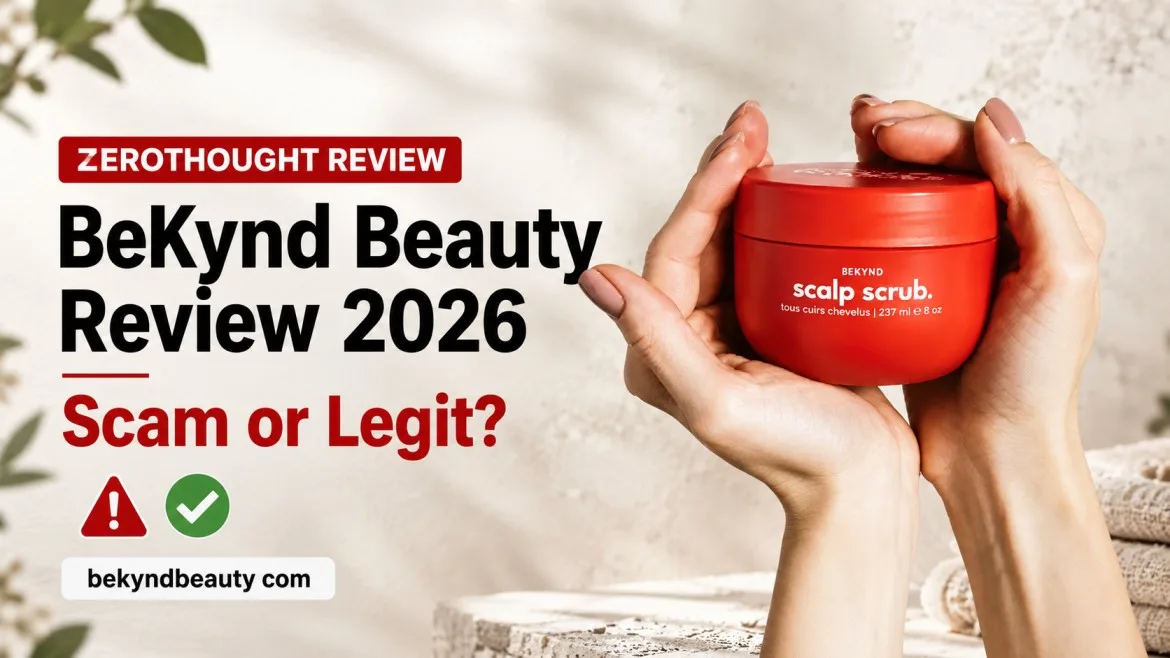 BeKynd Beauty scalp scrub held in hands with BeKynd Beauty Review 2026 scam or legit text