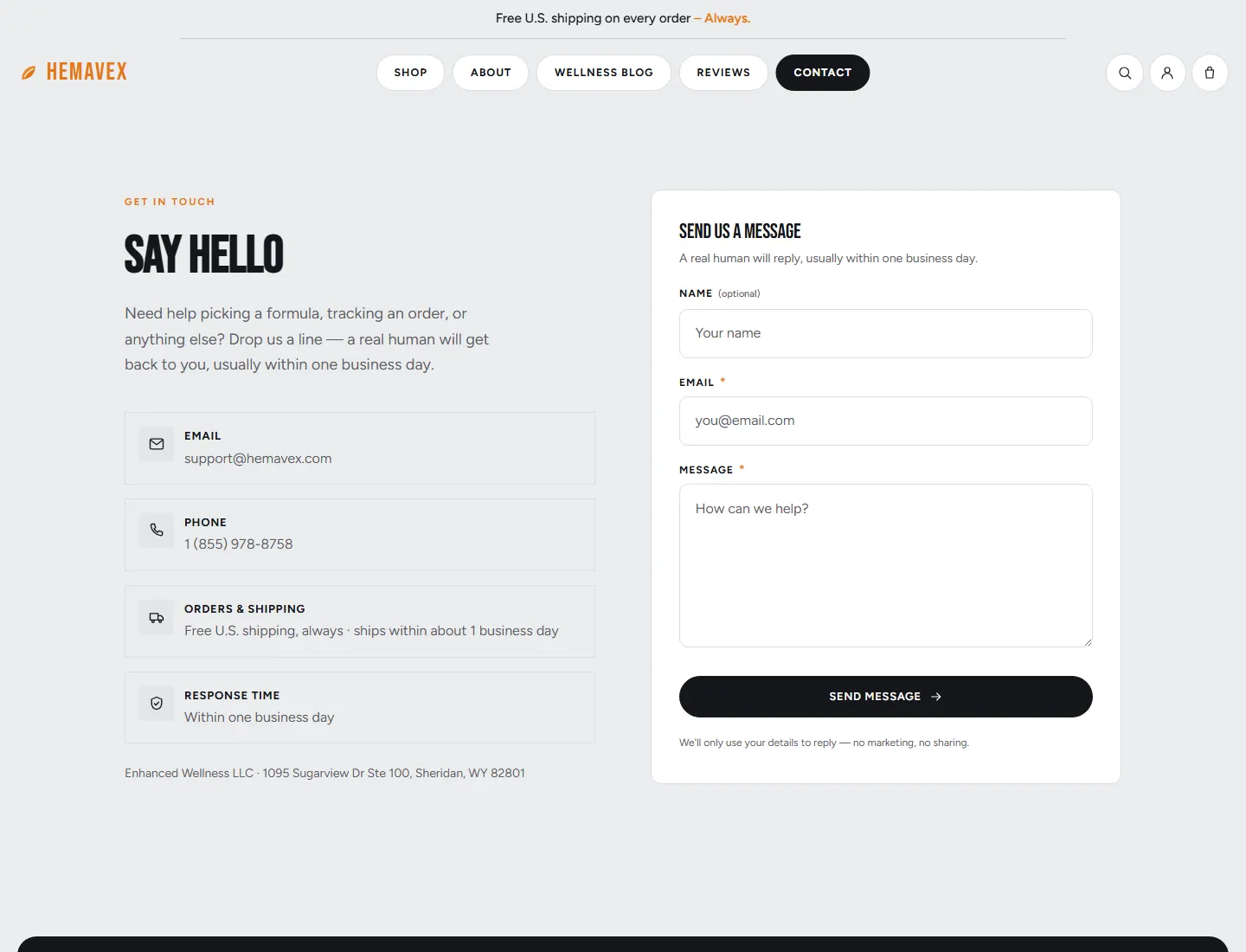 Contact — Hemavex page captured during the ZeroThought investigation