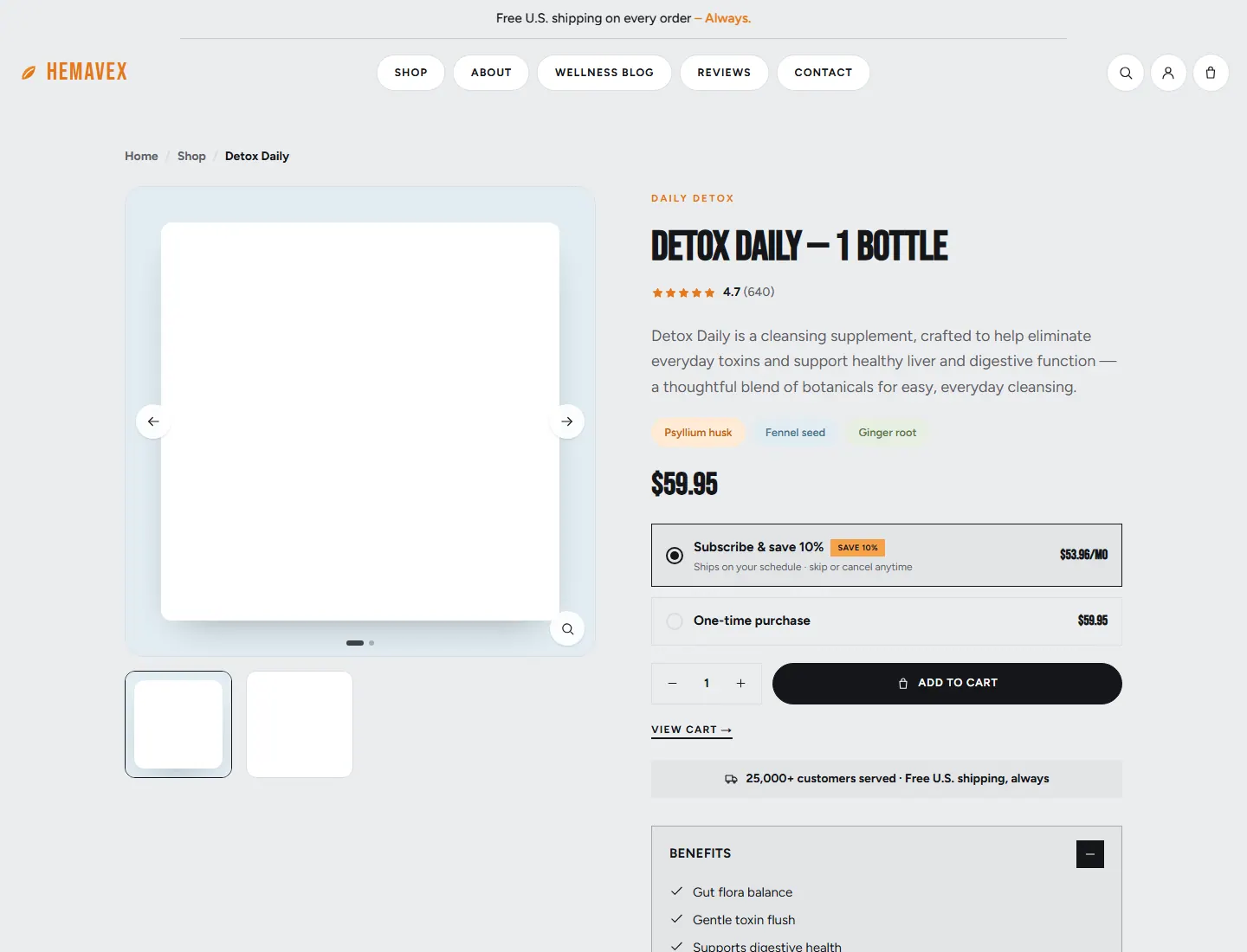 Detox Daily — 1 Bottle — Hemavex page captured during the ZeroThought investigation