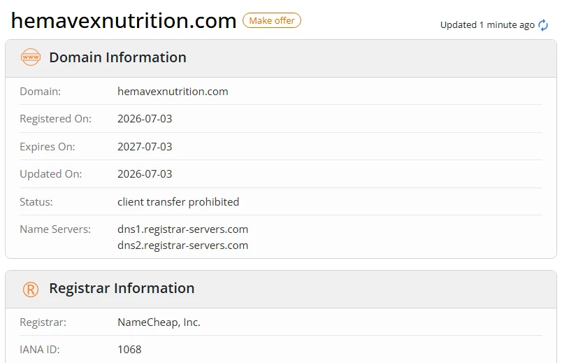 WHOIS.com record showing the registration details for hemavexnutrition com.