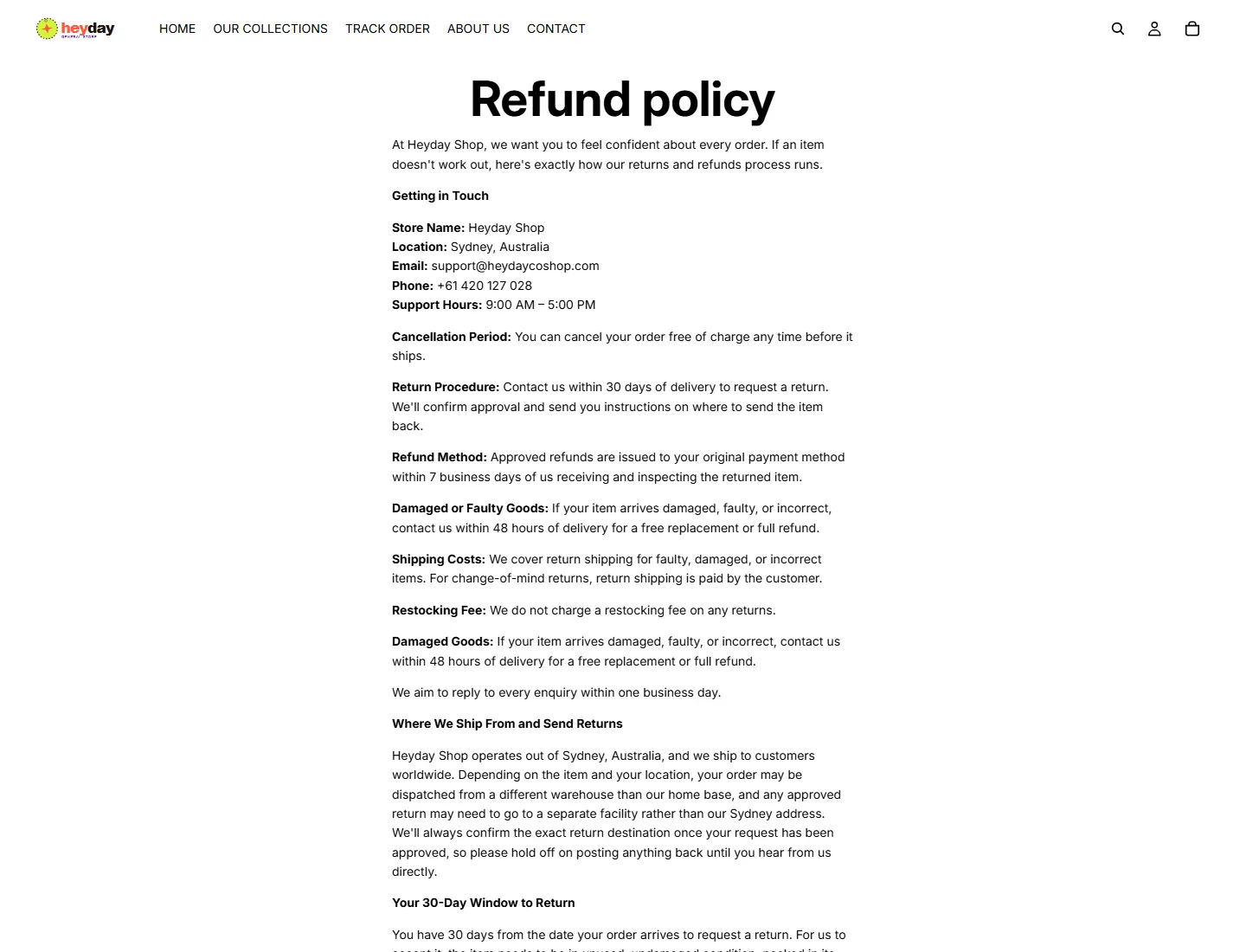 Refund policy – Heyday page captured during the ZeroThought investigation
