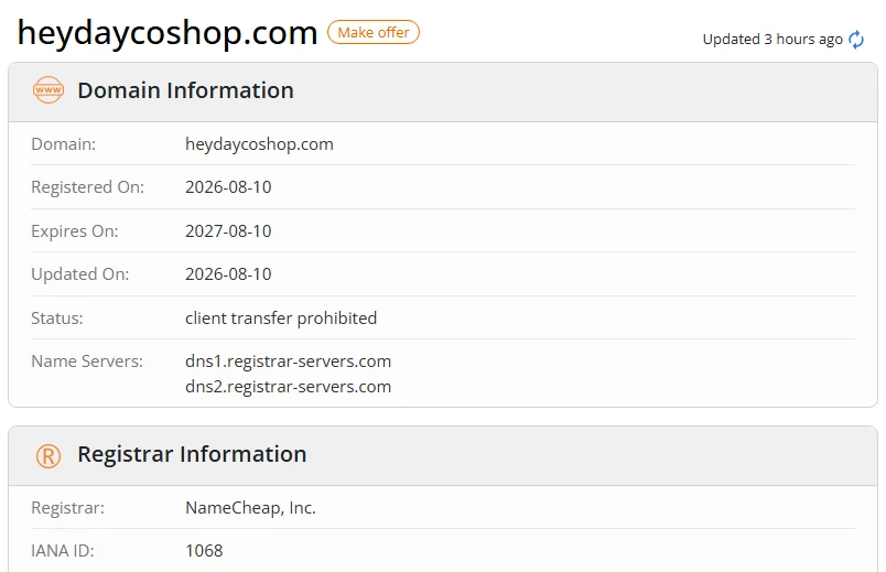 WHOIS.com record showing the registration details for heydaycoshop com.