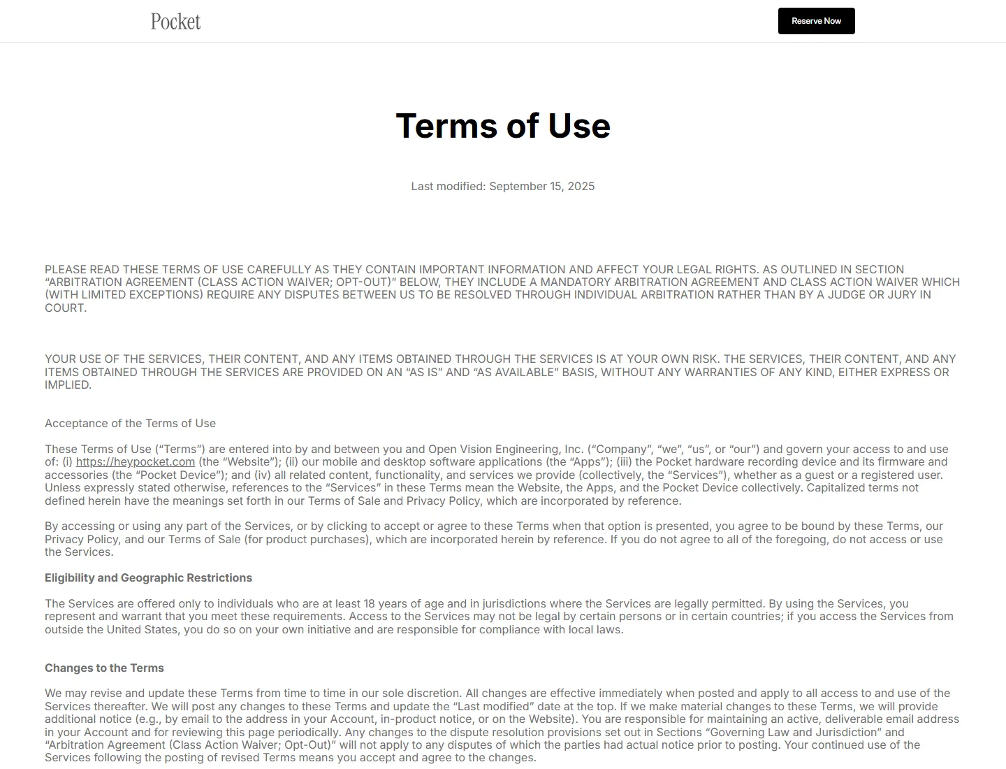 Pocket: Innovative Conversation Recording & Summarizing Device page captured during the ZeroThought investigation
