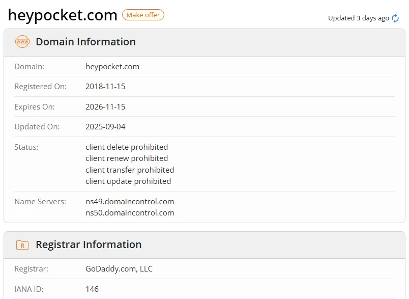 WHOIS.com record showing the registration details for heypocket com.
