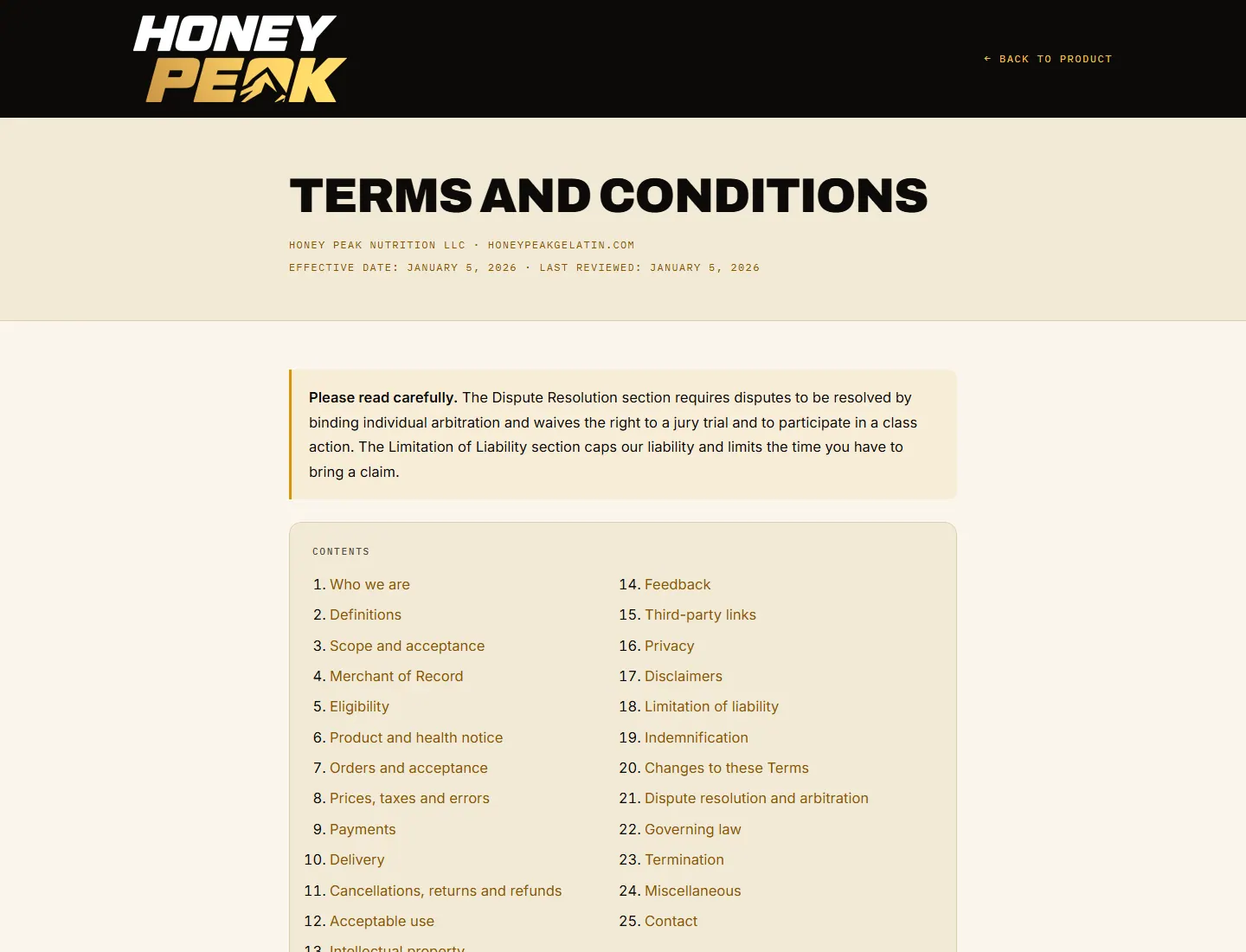 Terms and Conditions | Honey Peak Gelatin page captured during the ZeroThought investigation