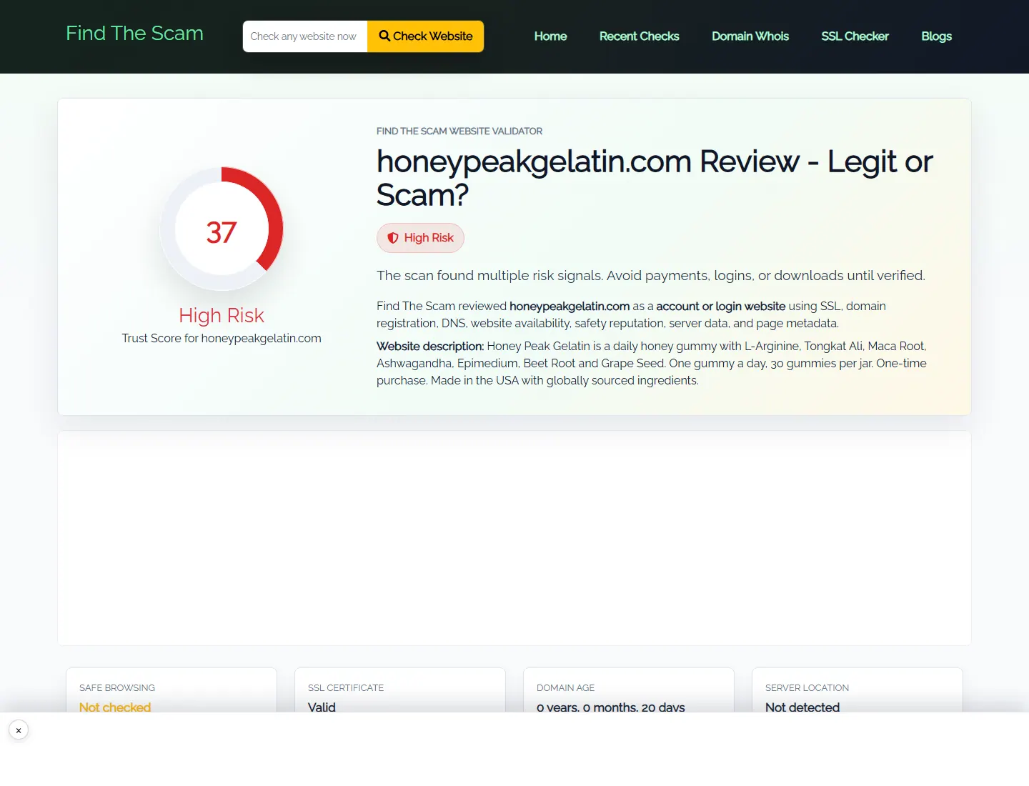find the scam public profile for honeypeakgelatin.com
