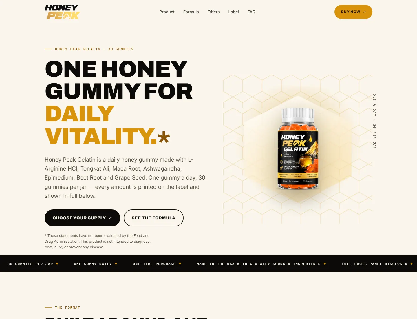 Honey Peak Gelatin — Daily Honey Gummies | Strength, Stamina & Vitality Support page captured during the ZeroThought investigation