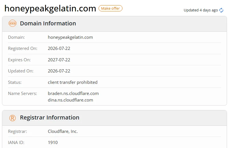 WHOIS.com record showing the registration details for honeypeakgelatin com.