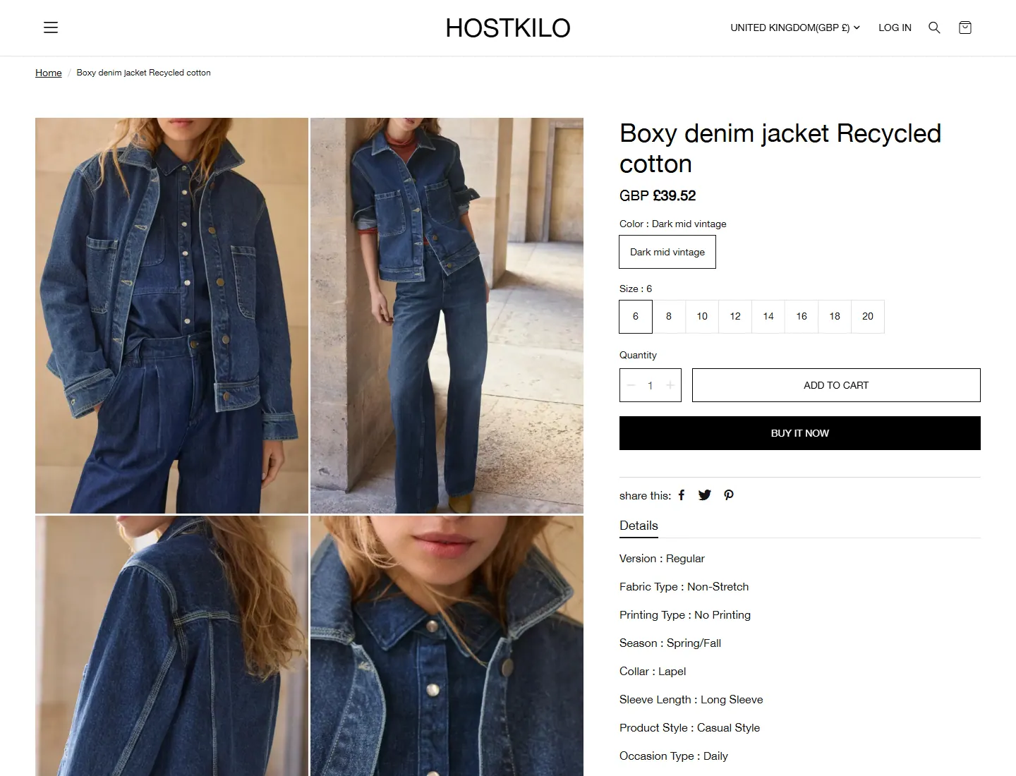 Boxy denim jacket Recycled cotton - HOSTKILO page captured during the ZeroThought investigation