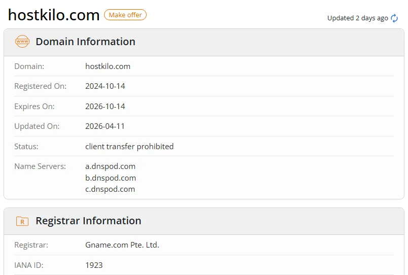 WHOIS.com record showing the registration details for hostkilo com.