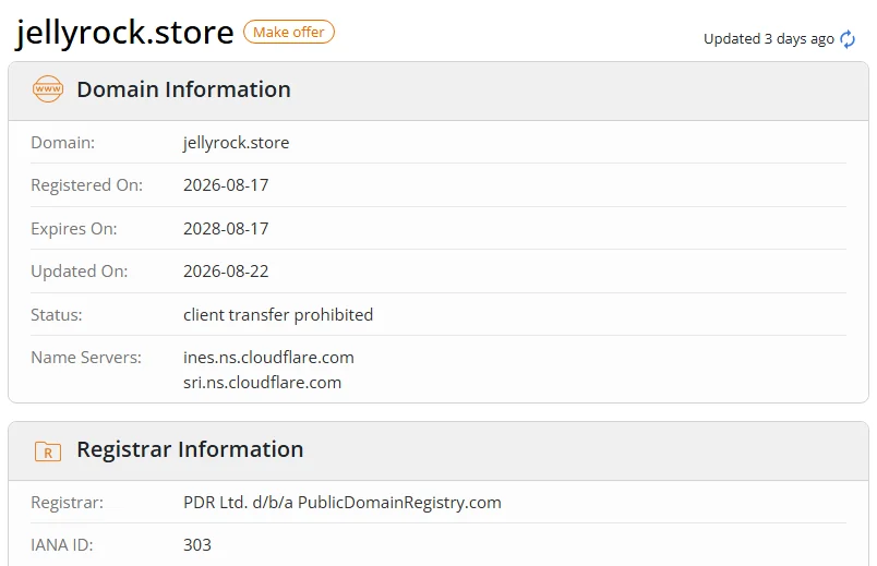 WHOIS.com record showing the registration details for jellyrock store.