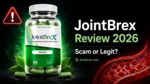 JointBrex Review 2026 feature image showing the supplement bottle with a warning icon and Scam or Legit text