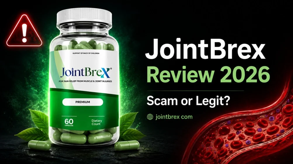 JointBrex Review 2026 feature image showing the supplement bottle with a warning icon and Scam or Legit text