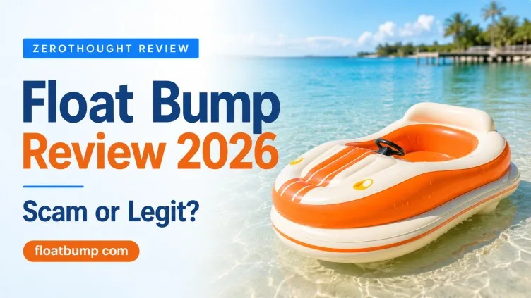Float Bump Review 2026 featured image showing an orange and white motorized inflatable pool float in clear water