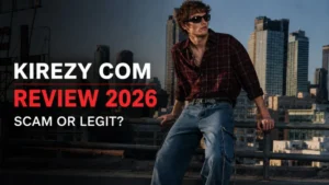 Kirezy com Review 2026 featured image showing a fashion model with Scam or Legit review text