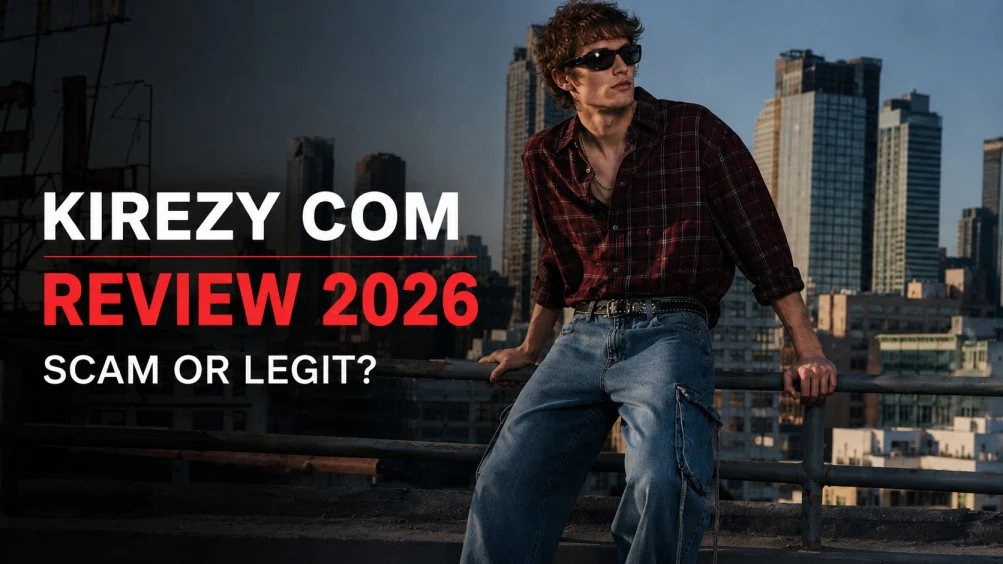 Kirezy com Review 2026 featured image showing a fashion model with Scam or Legit review text