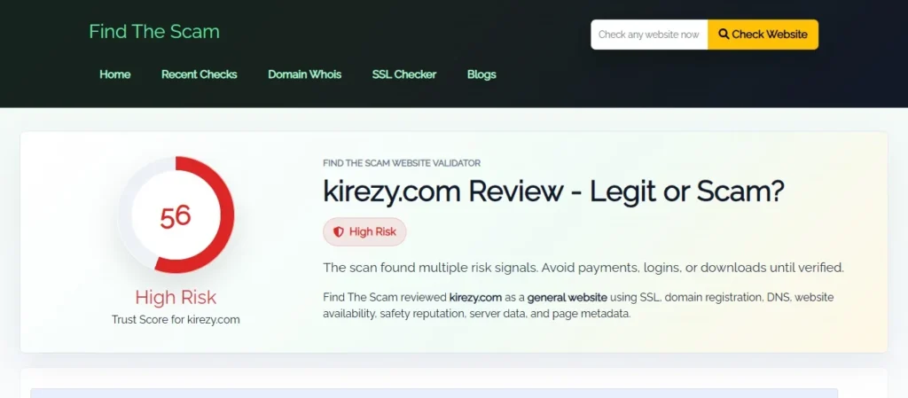 Kirezy com Review 2026 featured image showing a fashion model with Scam or Legit review text