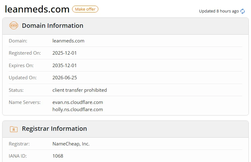 WHOIS.com record showing the registration details for leanmeds com.