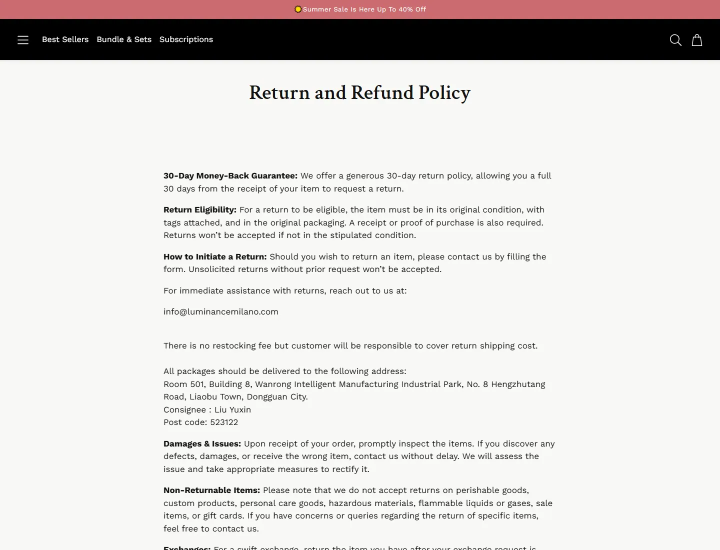 Return and Refund Policy page captured during the ZeroThought investigation