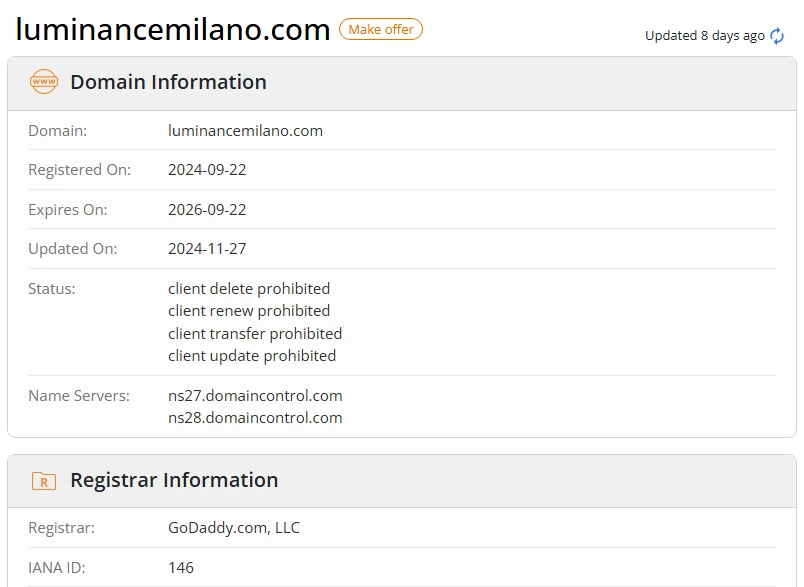 WHOIS.com record showing the registration details for luminancemilano com.