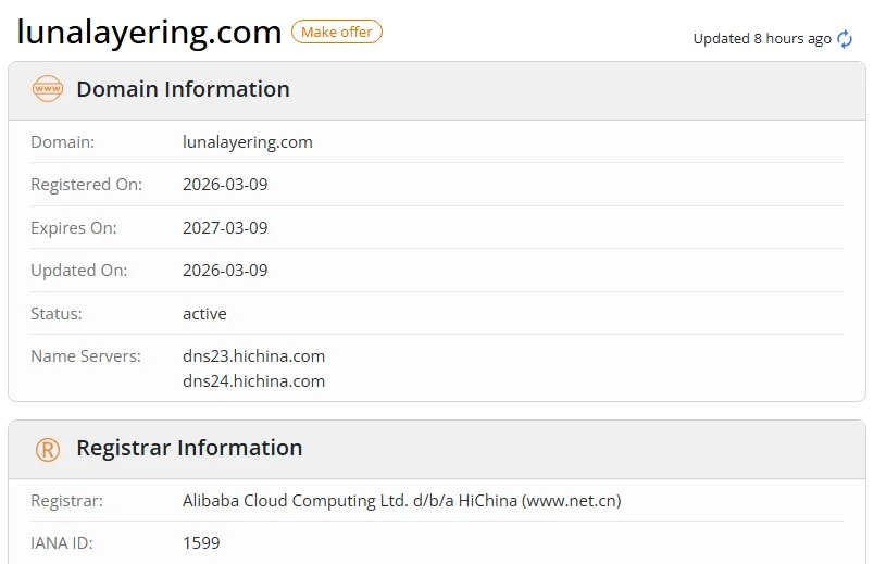 WHOIS.com record showing the registration details for lunalayering com.