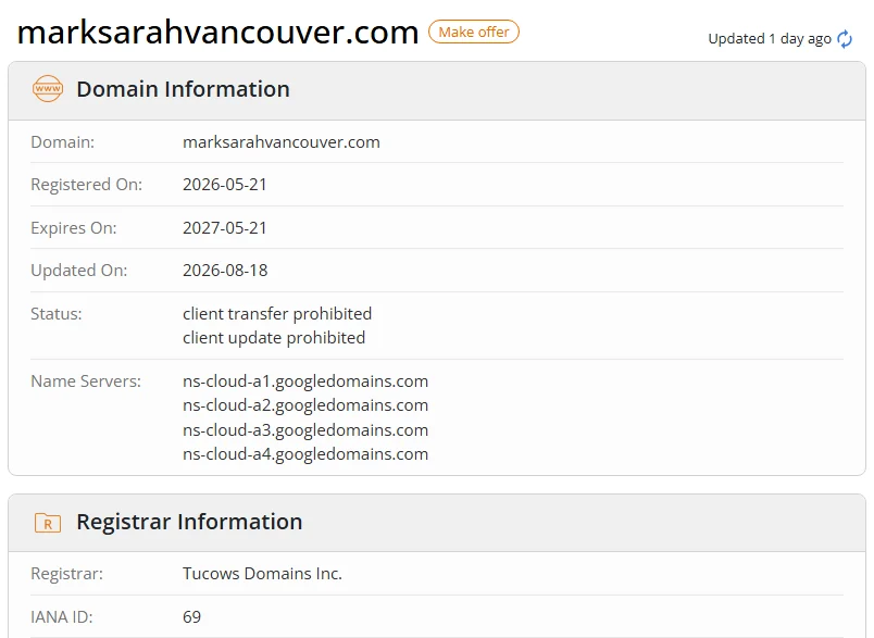 WHOIS.com record showing the registration details for marksarahvancouver com.