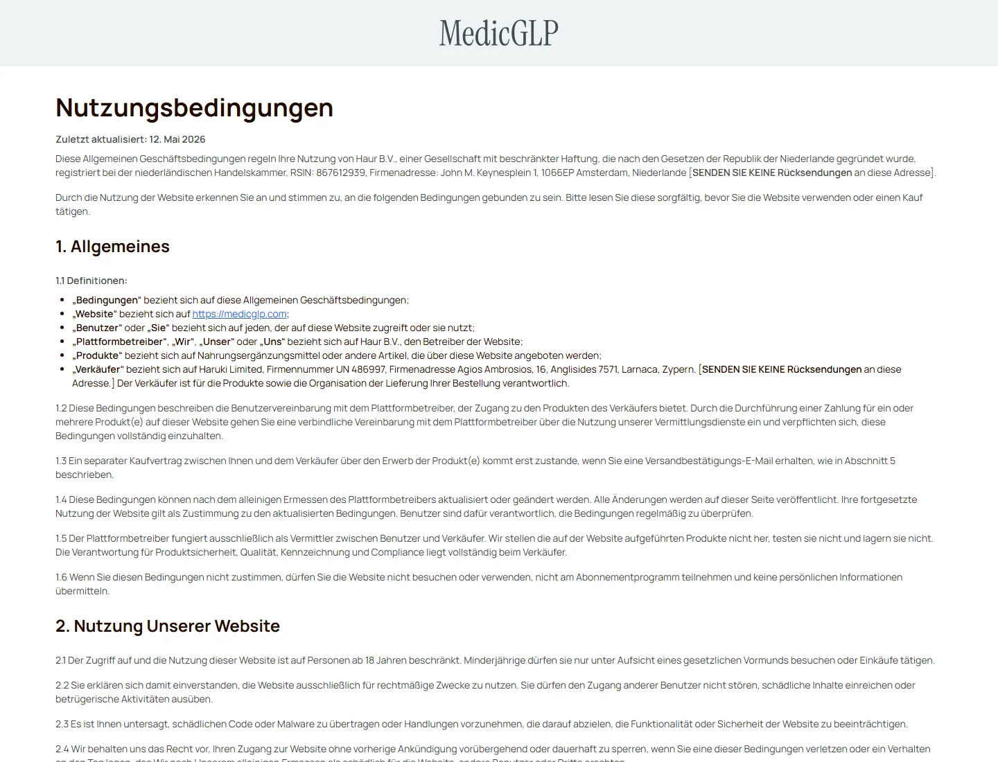 Allgemeine Geschäftsbedingungen | MedicGLP page captured during the ZeroThought investigation