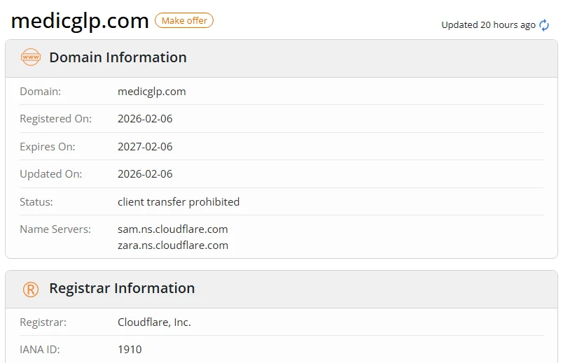 WHOIS.com record showing the registration details for medicglp com.