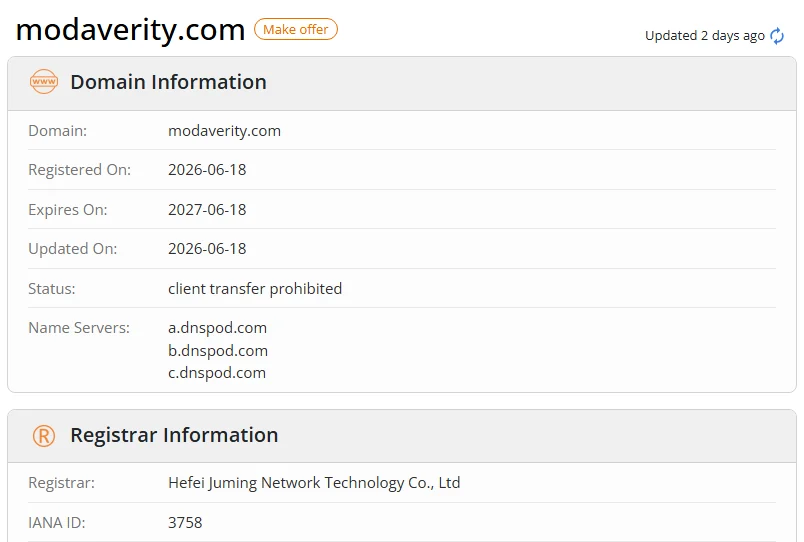 WHOIS.com record showing the registration details for modaverity com.