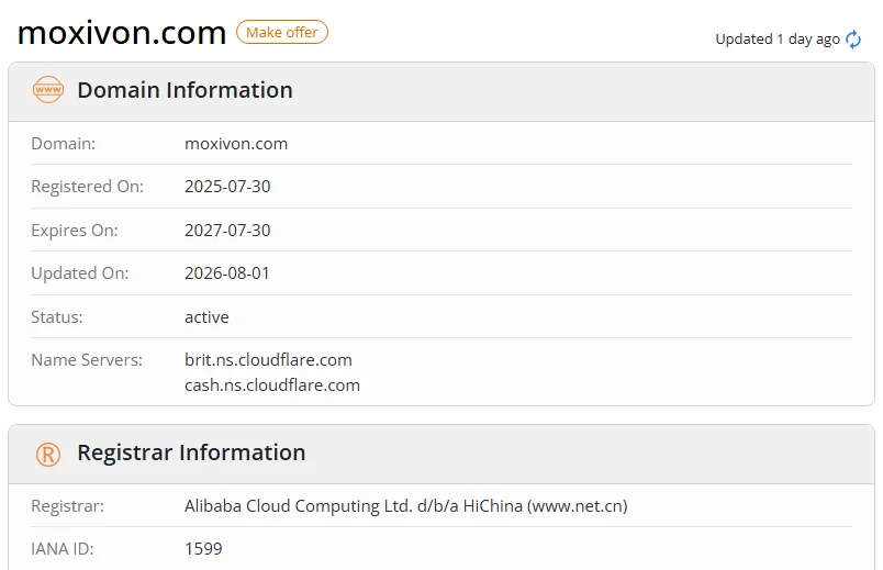 WHOIS.com record showing the registration details for moxivon com.
