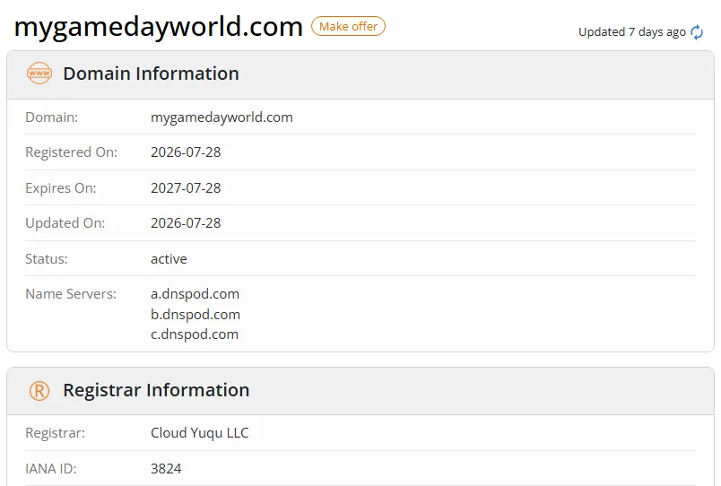 WHOIS.com record showing the registration details for mygamedayworld com.