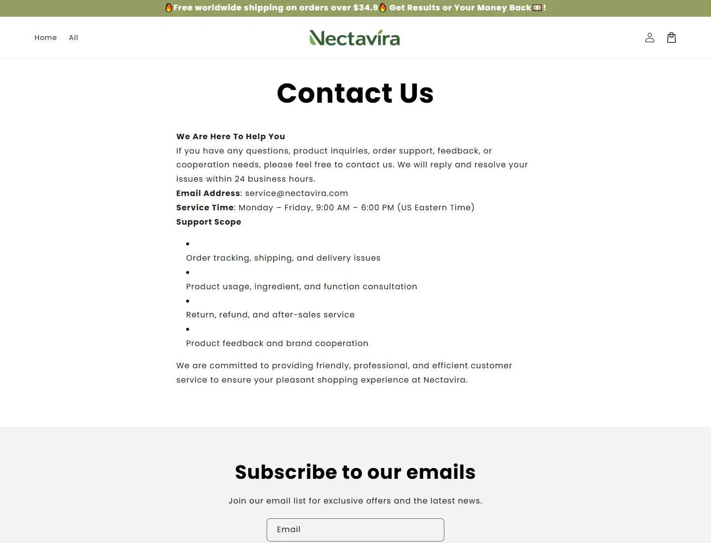 Contact Us – Nectavira page captured during the ZeroThought investigation