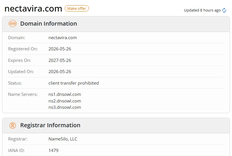 WHOIS.com record showing the registration details for nectavira com.
