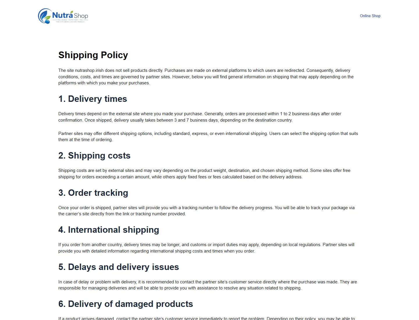 Shipping Policy - Nutra Shop Irish page captured during the ZeroThought investigation