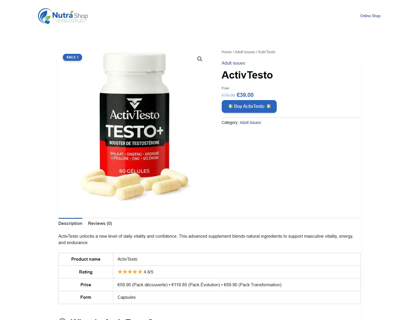 ActivTesto : Pharmacy, What is it and Where to buy page captured during the ZeroThought investigation