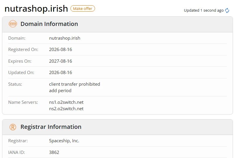WHOIS.com record showing the registration details for nutrashop irish.