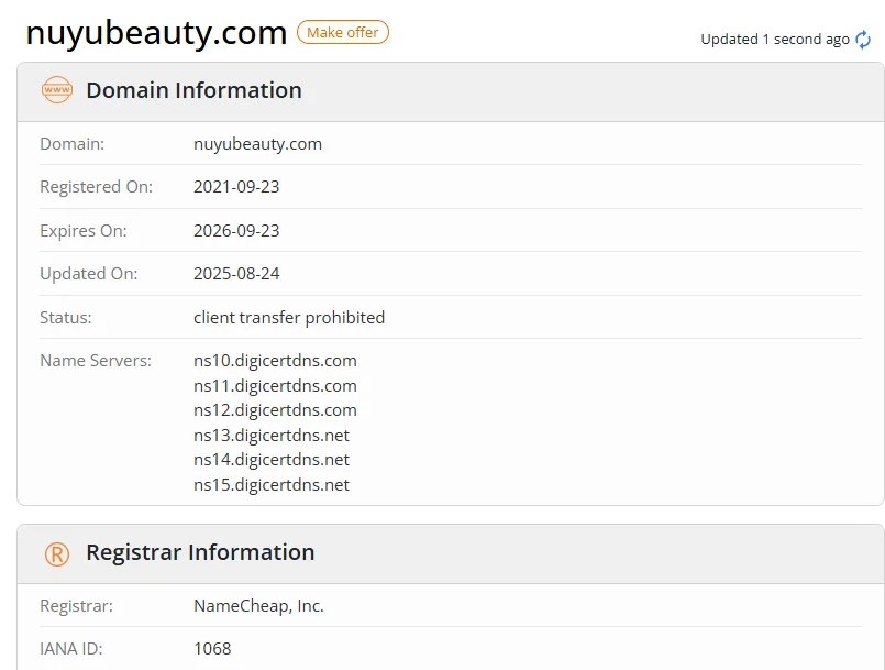 WHOIS.com record showing the registration details for nuyubeauty com.