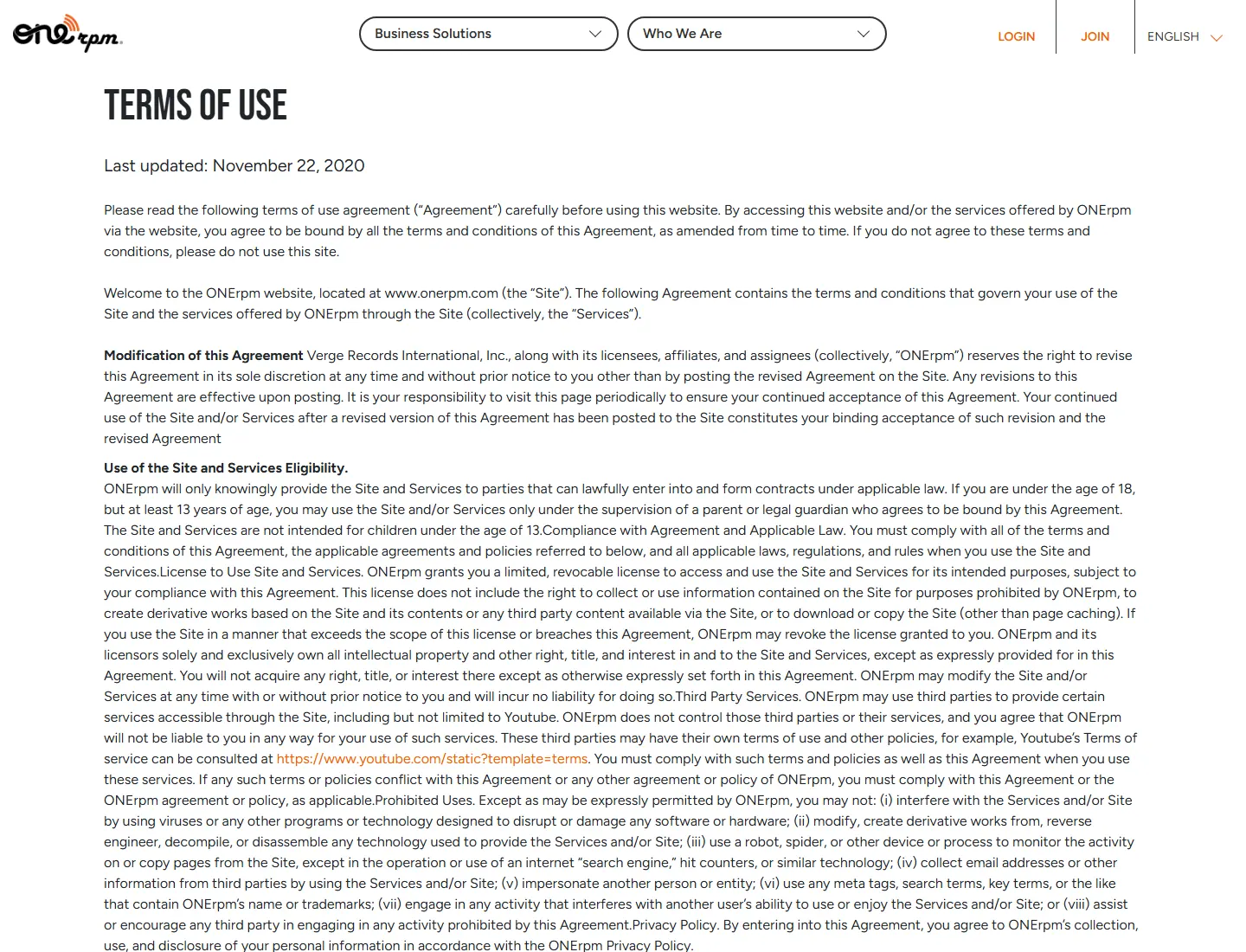 Terms of Use - ONErpm page captured during the ZeroThought investigation