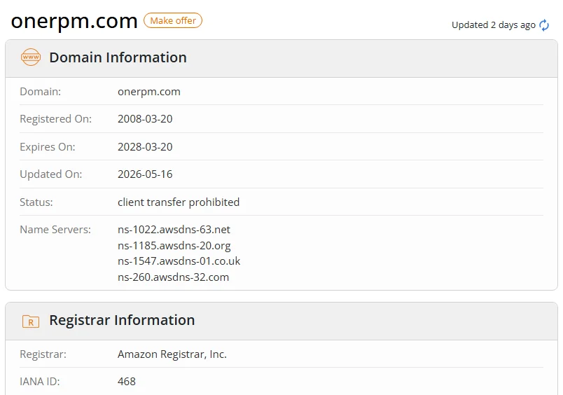 WHOIS.com record showing the registration details for onerpm com.