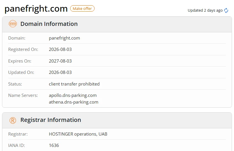 WHOIS.com record showing the registration details for panefright com.