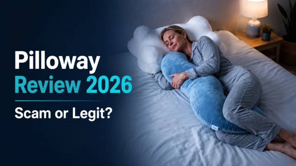 Pilloway Review 2026 showing the Snuggi Body Align Pillow with a scam or legit warning
